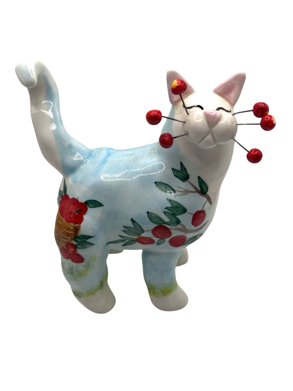 VTG Amy Lacombe Whimsiclay Y2K Cat Figurine RARE Red Apples Wire Whiskers